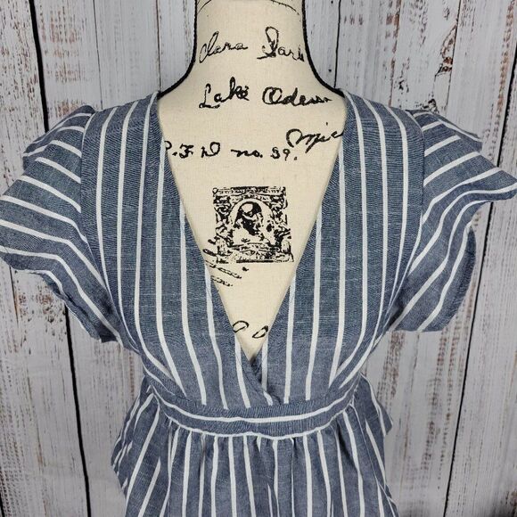 THE NINES Blue & White Striped Medium Ruffle Fit & Flare Deep V-Neck Blo… - Picture 3 of 8